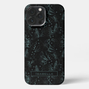 Funda Para iPhone 13 Pro Max Gran flor patrón floral gris nombre personalizado