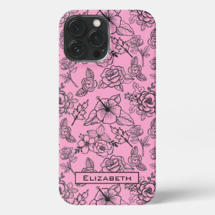 Funda Para iPhone 13 Pro Max Gran flor patrón floral nombre personalizado rosa
