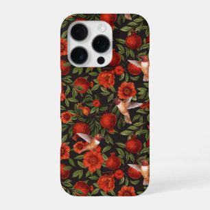 Funda Para iPhone 16 Pro Granadas y colibríes/hojas verdes sobre negro