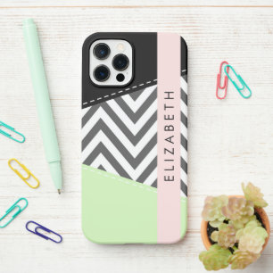 Funda Para iPhone 12 Pro Gray Zigzag, Gray Chevron, Mint, Su Nombre