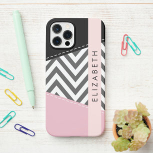 Funda Para iPhone 12 Pro Gray Zigzag, Gray Chevron, Pink, Tu Nombre