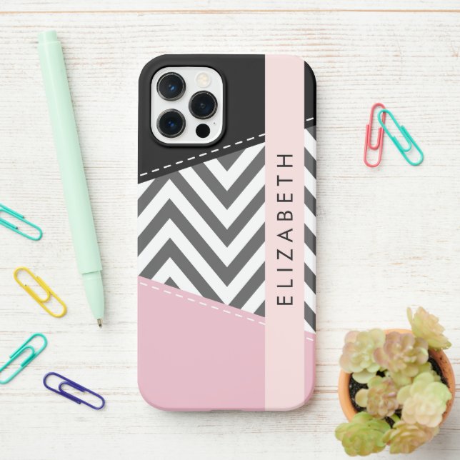 Funda Para iPhone Gray Zigzag, Gray Chevron, Pink, Tu Nombre (En el escritorio)