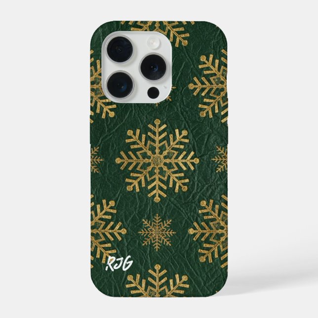 Funda Para iPhone Green Leather Tooled with Gold Snowflakes Initials (Reverso )