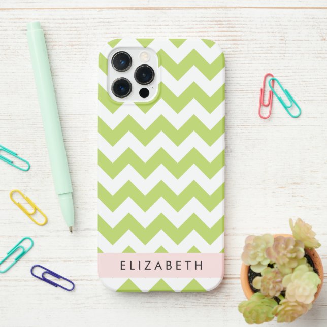 Funda Para iPhone Green Zigzag, Green Chevron, Tu Nombre (En el escritorio)