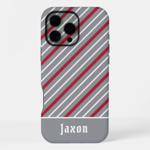 Funda Para iPhone 16 Pro Max Gris minimalista con rayas rojas oscuras y blancas