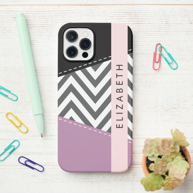 Funda Para iPhone Gris Zigzag, Gris Chevron, Púrpura, Tu Nombre (En el escritorio)