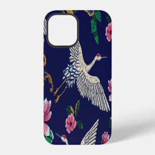 Funda Para iPhone 12 Grullas y flores bordadas, p vintage sin costuras