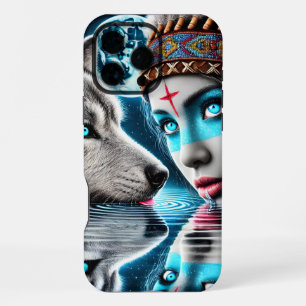 Funda Para iPhone 16 Pro Max Guerrero nativo indio y reflejos de lobo