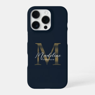 Funda Para iPhone 16 Pro Guión de estilista metálico azul marino dorado Mon