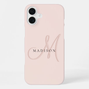 Funda Para iPhone 16 Plus Guión de monograma rosa sonrosado elegante y sofis