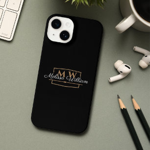 Funda Para iPhone 14 Guión de nombre de monograma dorado blanco negro