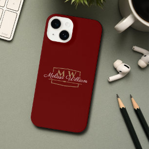 Funda Para iPhone 14 Guión de nombre de monograma dorado blanco rojo