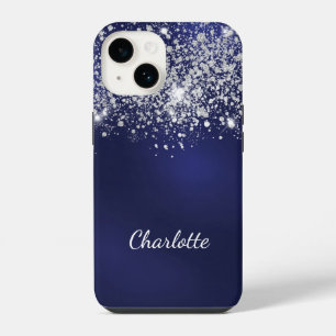 Funda Para iPhone 14 Guión de nombre de purpurina de plata azul