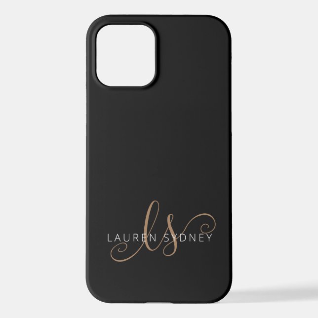 Funda Para iPhone Guión femenino de oro negro moderno monogramado (Reverso )