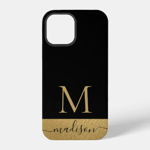 Funda Para iPhone 12 Guión femenino de oro negro moderno monogramado