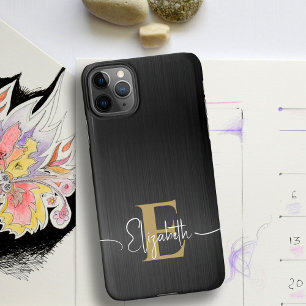 Funda Para iPhone 11Pro Max Guión monograma de oro negro metálico cepillado mo