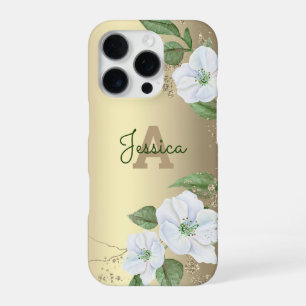 Funda Para iPhone 16 Pro Guion Monograma Glam Floral Acuarela Chica Dorada