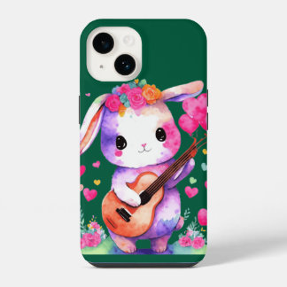Funda Para iPhone 14 Guitarra de oración de conejito lindo con corazone