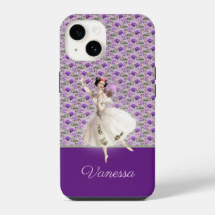 Funda Para iPhone 14 Hada Vintage en Patrón Floral Púrpura con Nombre