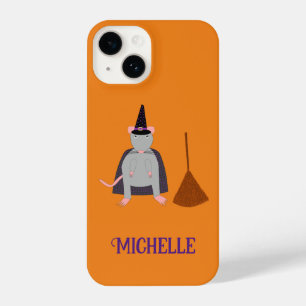 Funda Para iPhone 14 Halloween Witch Rat and Broom Custom Name