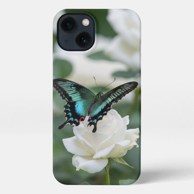 Funda Para iPhone Hermosa mariposa y rosas blancas (Reverso )