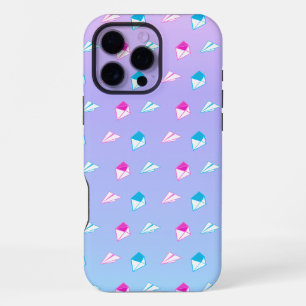 Funda Para iPhone 16 Pro Max Hermoso avión de papel azul y rosa carta y sobre