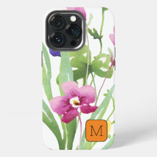 Funda Para iPhone 13 Pro Hermoso inicial con borde acuarela rosa verde