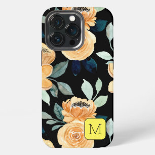 Funda Para iPhone 13 Pro Hermoso patrón floral Negro Beige Azul Inicial