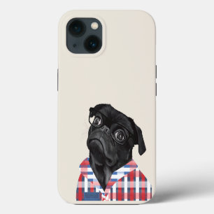 Hermoso Pug Negro Con Gafas Y Camisa A Cuadros