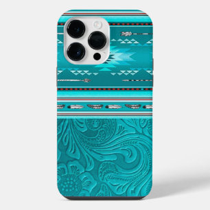 Funda Para iPhone 14 Pro Max Herramienta de cuero falso turquesa tribal Navajo