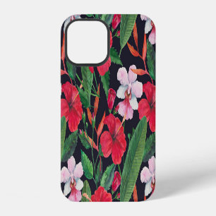 Funda Para iPhone 12 hibiscos rojos, orquídeas, acuarela tropical.