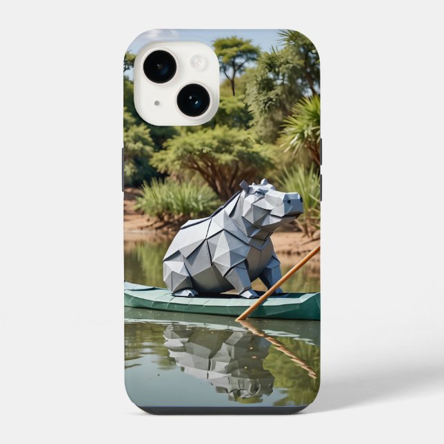 Funda Para iPhone Hipopótamo de origami en una canoa  (Reverso )