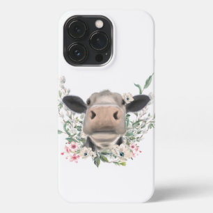 Funda Para iPhone 13 Pro hocico de nariz de vaca besar flores acuarela gris