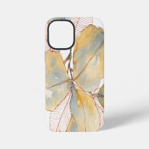 Funda Para iPhone 12 Mini Hojas botánicas acuarelas doradas azules suaves