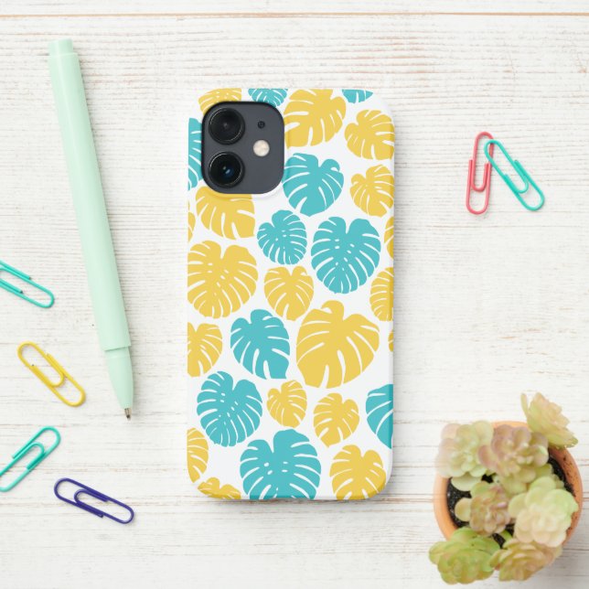 Funda Para iPhone Hojas de Monstera en turquesa, amarillo y blanco (En el escritorio)