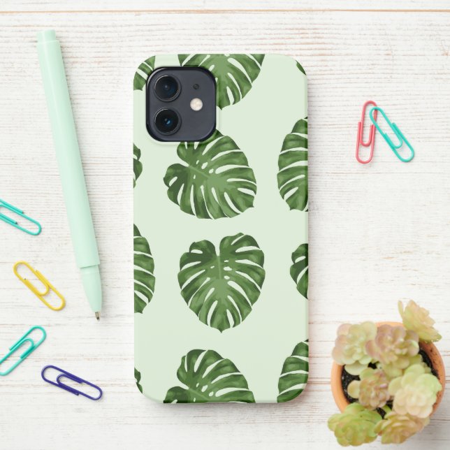 Funda Para iPhone Hojas de palma, hojas verdes, patrón tropical (En el escritorio)
