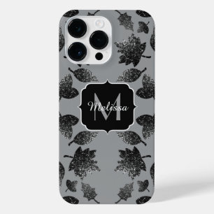 Funda Para iPhone 14 Pro Max Hojas de plata gris espárrago patrón otoño Monogra