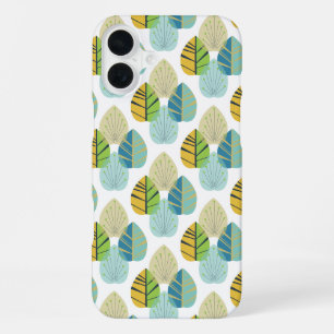 Funda Para iPhone 16 Plus Hojas Modernas de mediados de siglo en Verde y Dor