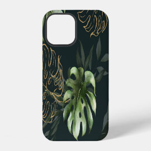 Funda Para iPhone 12 Hojas tropicales de oro: acuarela oscura