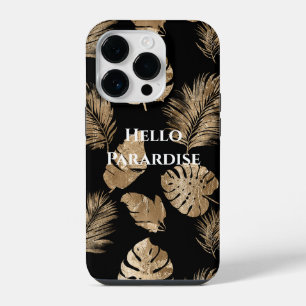 Funda Para iPhone 14 Pro Hojas Tropicales de Oro Negro Chic