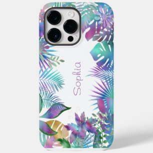 Funda Para iPhone 14 Pro Max Hojas Tropicales Irisadas, Nombre Púrpura, Blanco