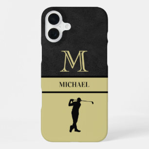 Funda Para iPhone 16 Plus Hombre de Golf Textura de Cuero Negro Monograma No