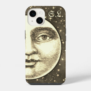 Funda Para iPhone 14 Hombre vintage de la luna llena cara sepia dorada