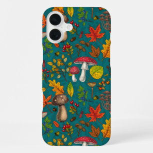 Funda Para iPhone 16 Plus Hongos de otoño, hojas, nueces y bayas sobre azul