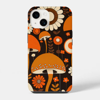 Funda Para iPhone 14 Hongos y flores marrones y Naranjas retro de los a