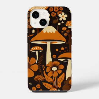 Funda Para iPhone 14 Hongos y flores marrones y Naranjas retro de los a