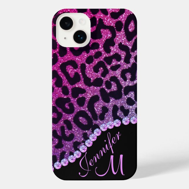 Funda Para iPhone Hot Pink and Rhinestone Leopard Glitter Monogram (Reverso )
