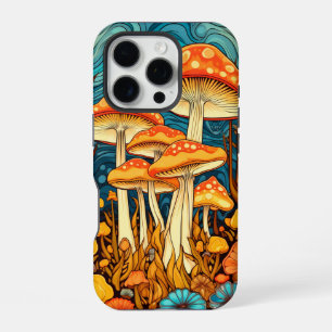 Funda Para iPhone 16 Pro Ilustración Artística Retro de Bosque de Hongos