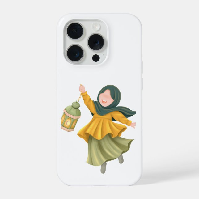 Funda Para iPhone Ilustración de niña hijabi linda con linterna (Reverso )