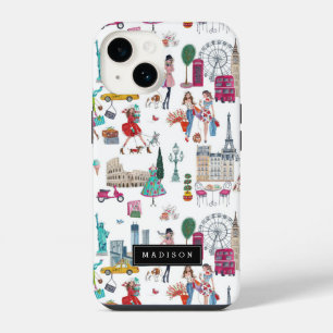 Funda Para iPhone 14 Ilustración de patrón de chica de ciudad comercial